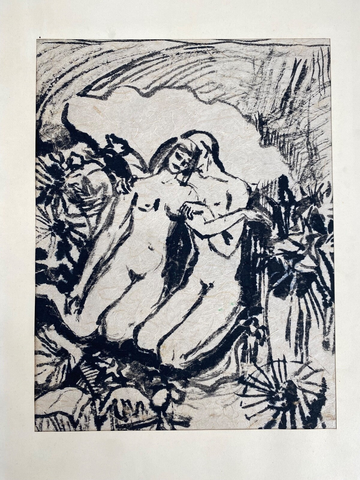 * GEMÄLDE BILD AKT MOTIV PAAR TUSCHE BÜTTENPAPIER MID CENTURY ART KUNST