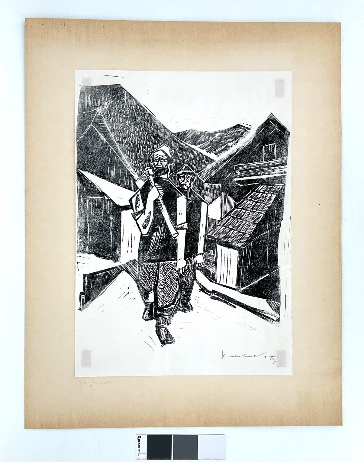 *LINOLSCHNITT WALTER KALOT HOLZKNECHTE 1967 ORIGINAL EXPRESSIONISMUS HOLZFÄLLER