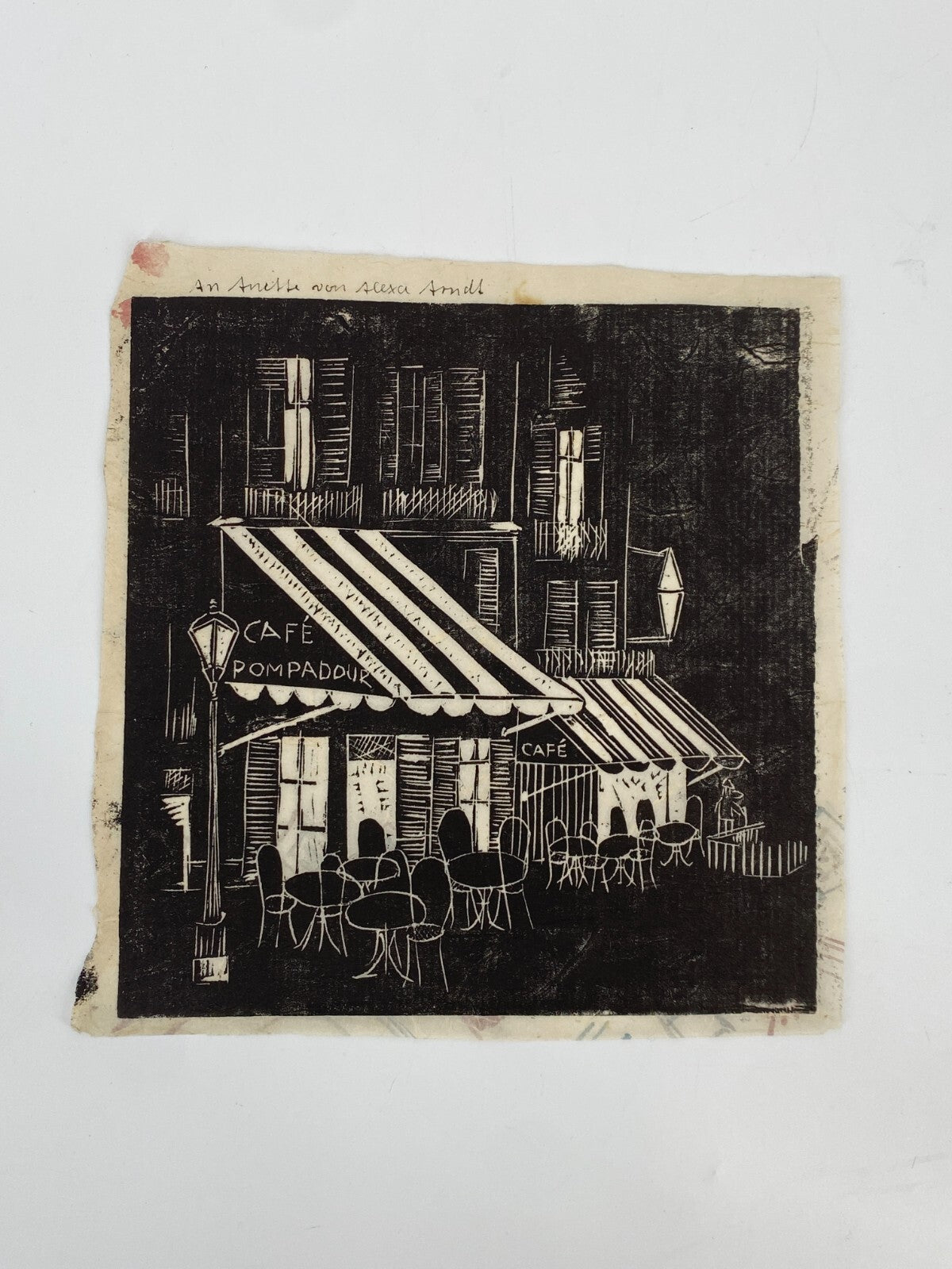 * CAFE POMPADOUR LINOLSCHNITT BILD GRAFIK ALEXA ARNDT GEWIDMET ANETTE