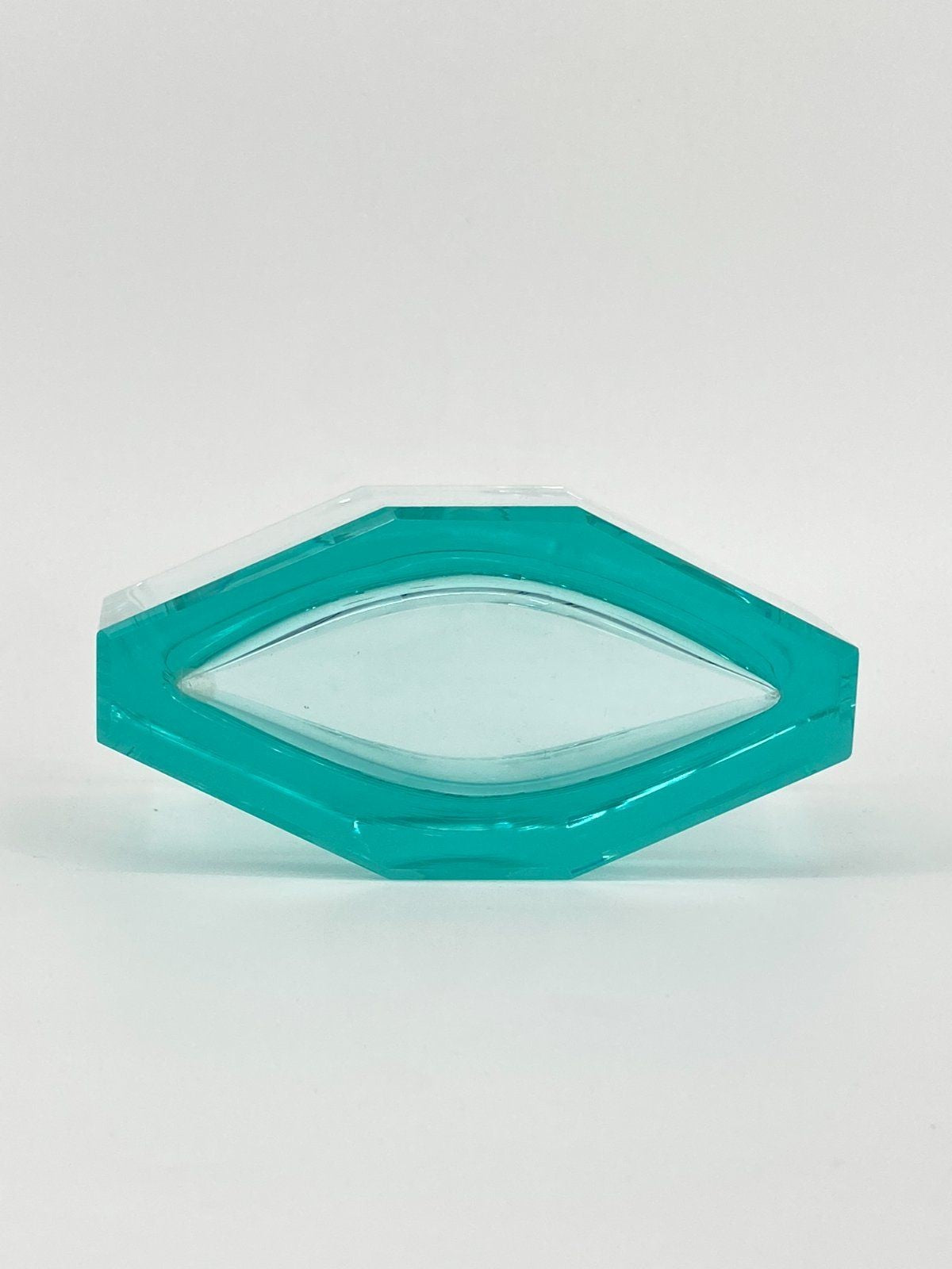 * FACETTIERTE GLAS VASE BLAUGRÜN TSCHECHIEN MID CENTURY DESIGN