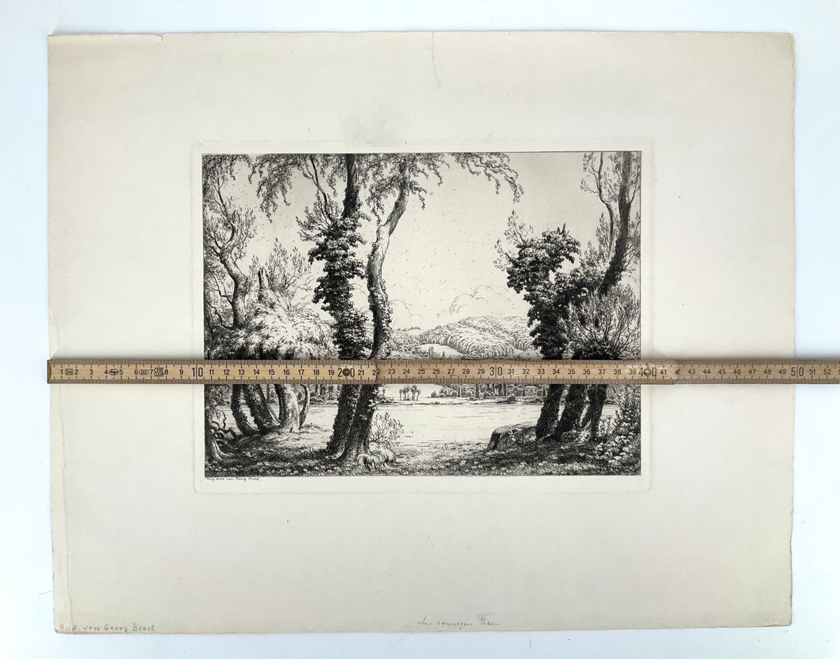 *RADIERUNG GEORG BROEL AM SONNIGEN RHEIN LANDSCHAFT JUGENDSTIL 1920 ORIGINAL