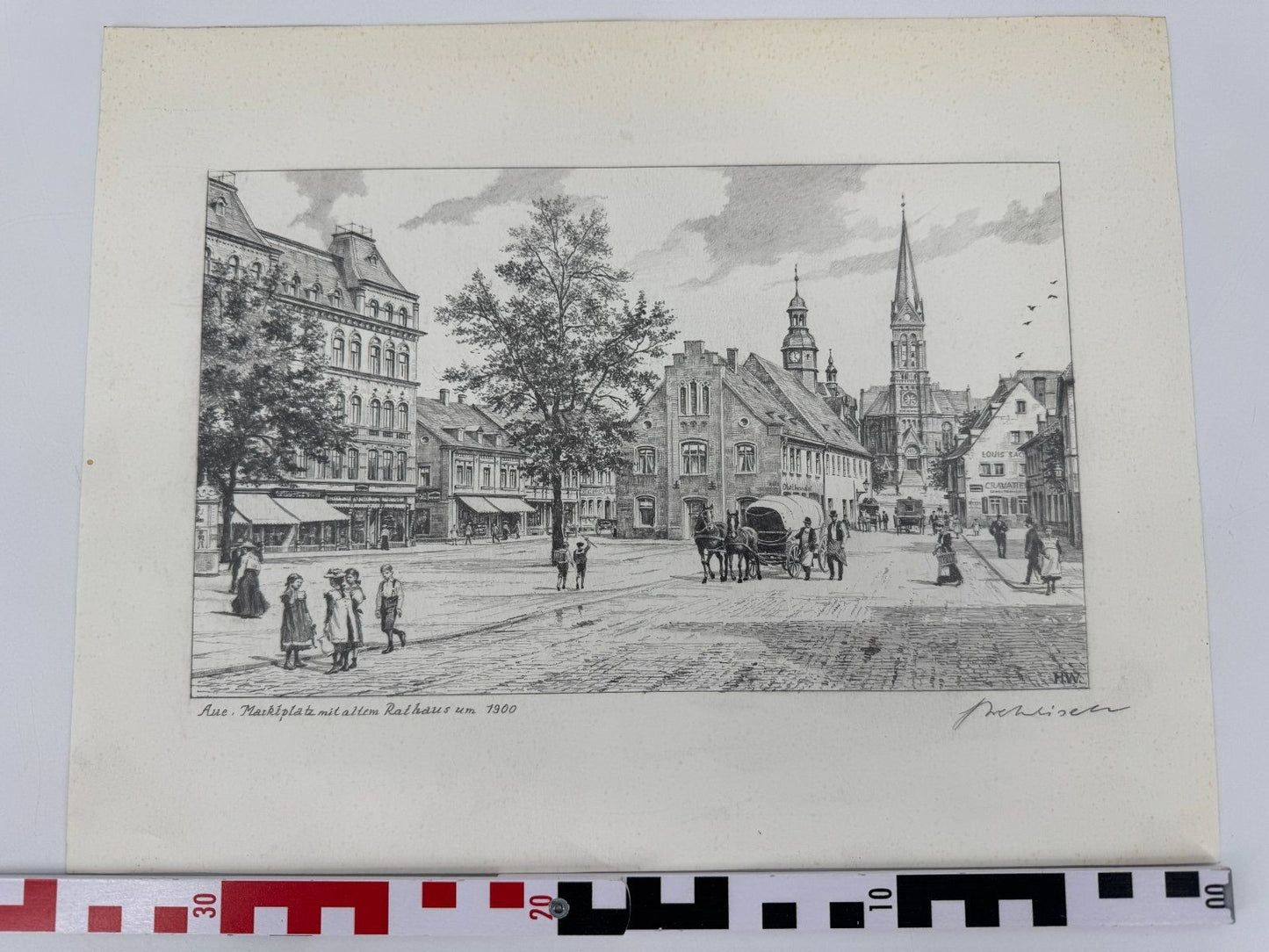 * HEINZ WEHLISCH ZEICHNUNG AUE MARKTPLATZ RATHAUS 1900 ANSICHT SIGNIERT