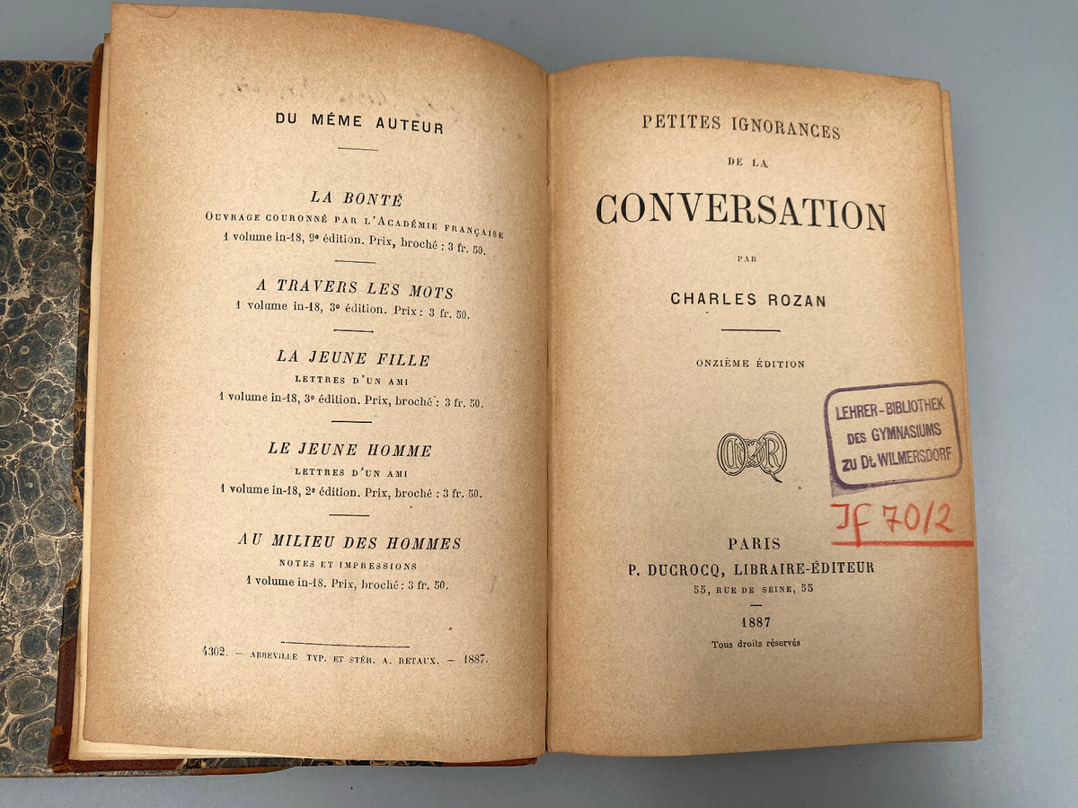 * 3x ANTIK BUCH CHARLES ROZAN 1887 TERME DE LA VIE CONVERSATION LES MOTS: