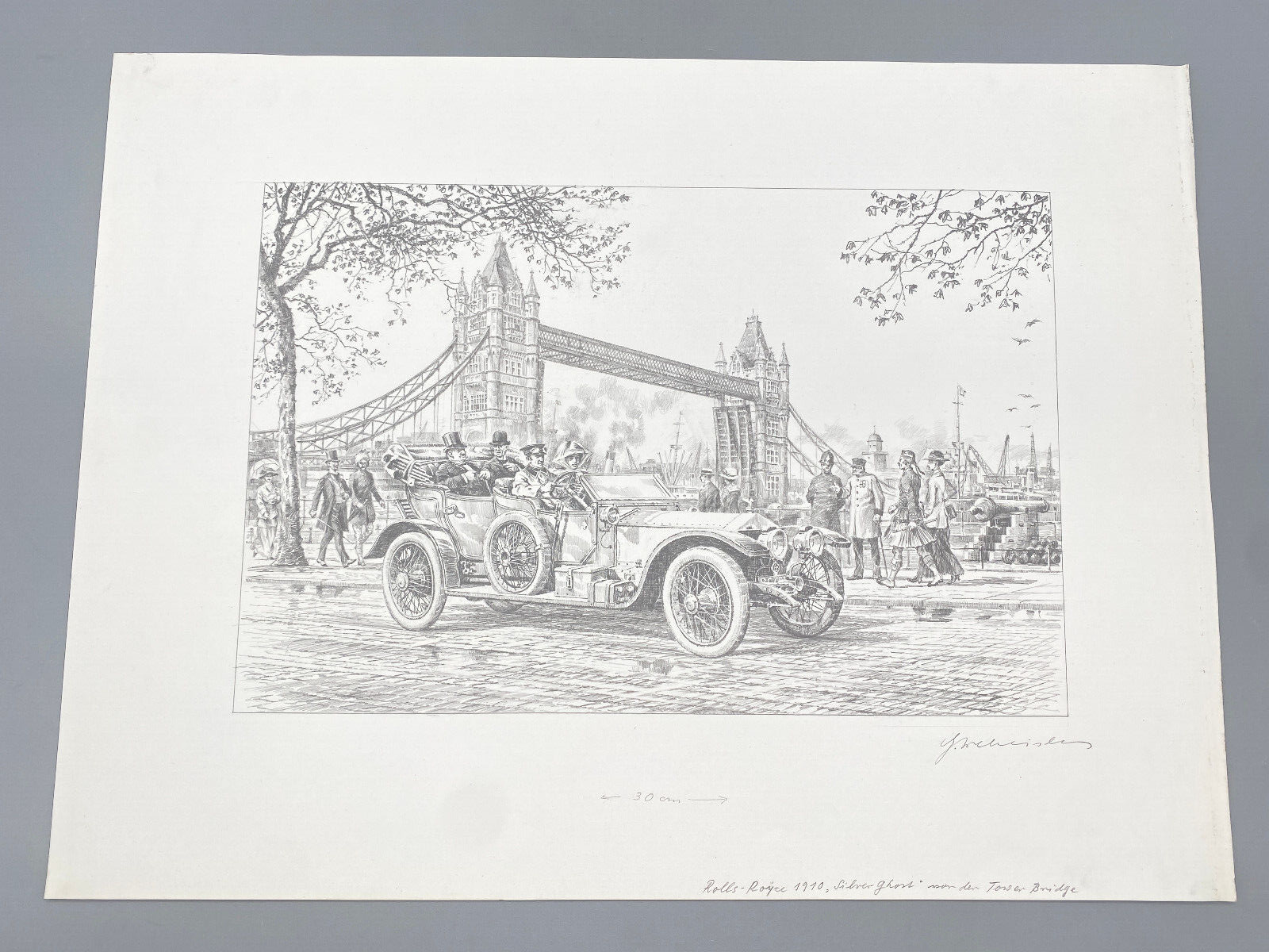HEINZ WEHLISCH  ZEICHNUNG LONDON ROLLS ROYCE TOWER BRIDGE 1910 ORIGINAL