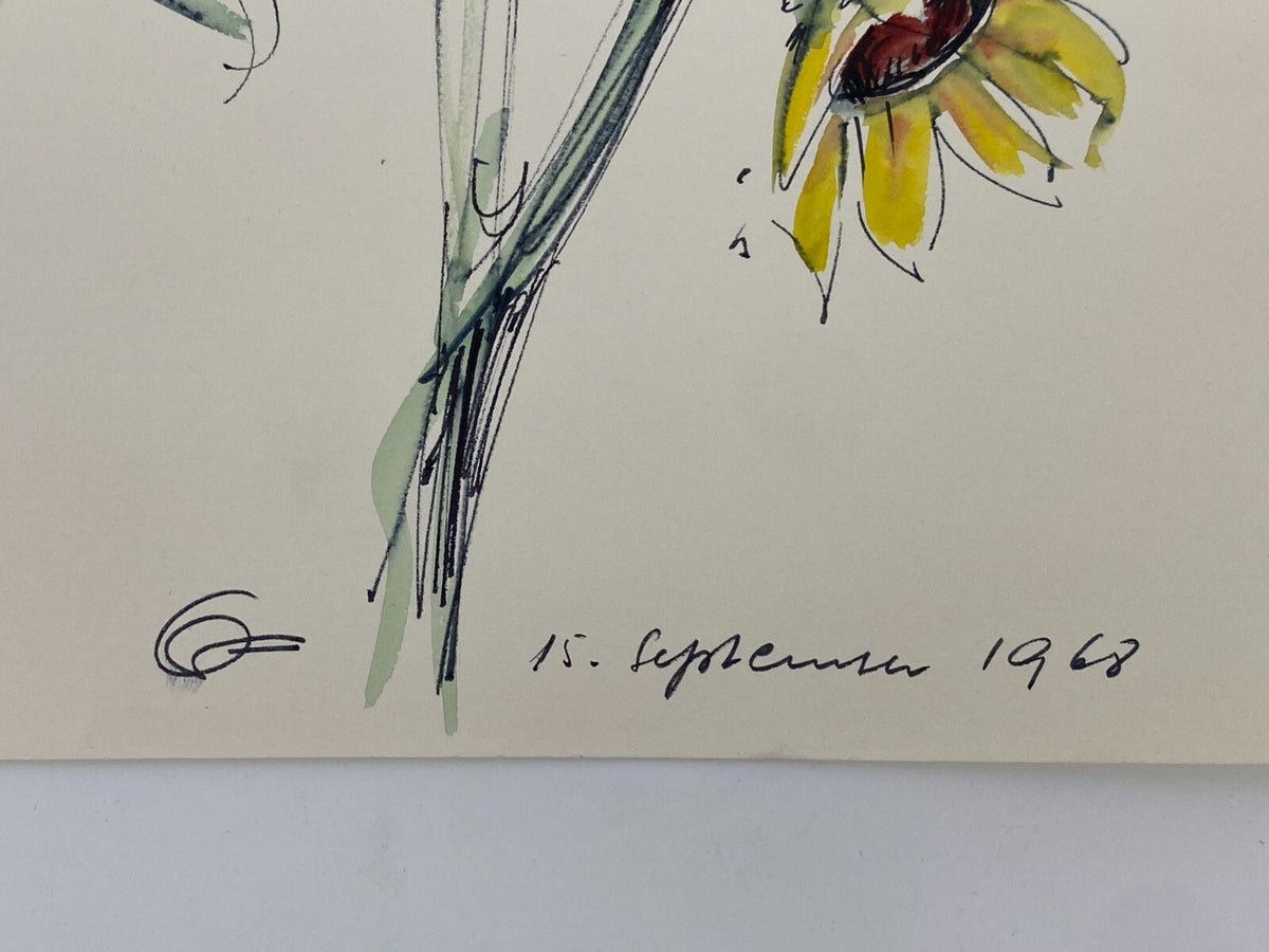 * HANS OTT KOLORIERTE TUSCHEZEICHNUNG HANDSIGNIERT 1968 WIDMUNG SONNENBLUME