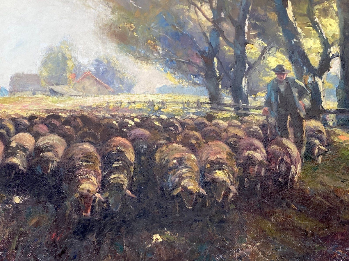 *ÖLGEMÄLDE ALEXANDER LIPTAI HIRTE MIT SCHAFEN GEGENLICHT LEINWAND