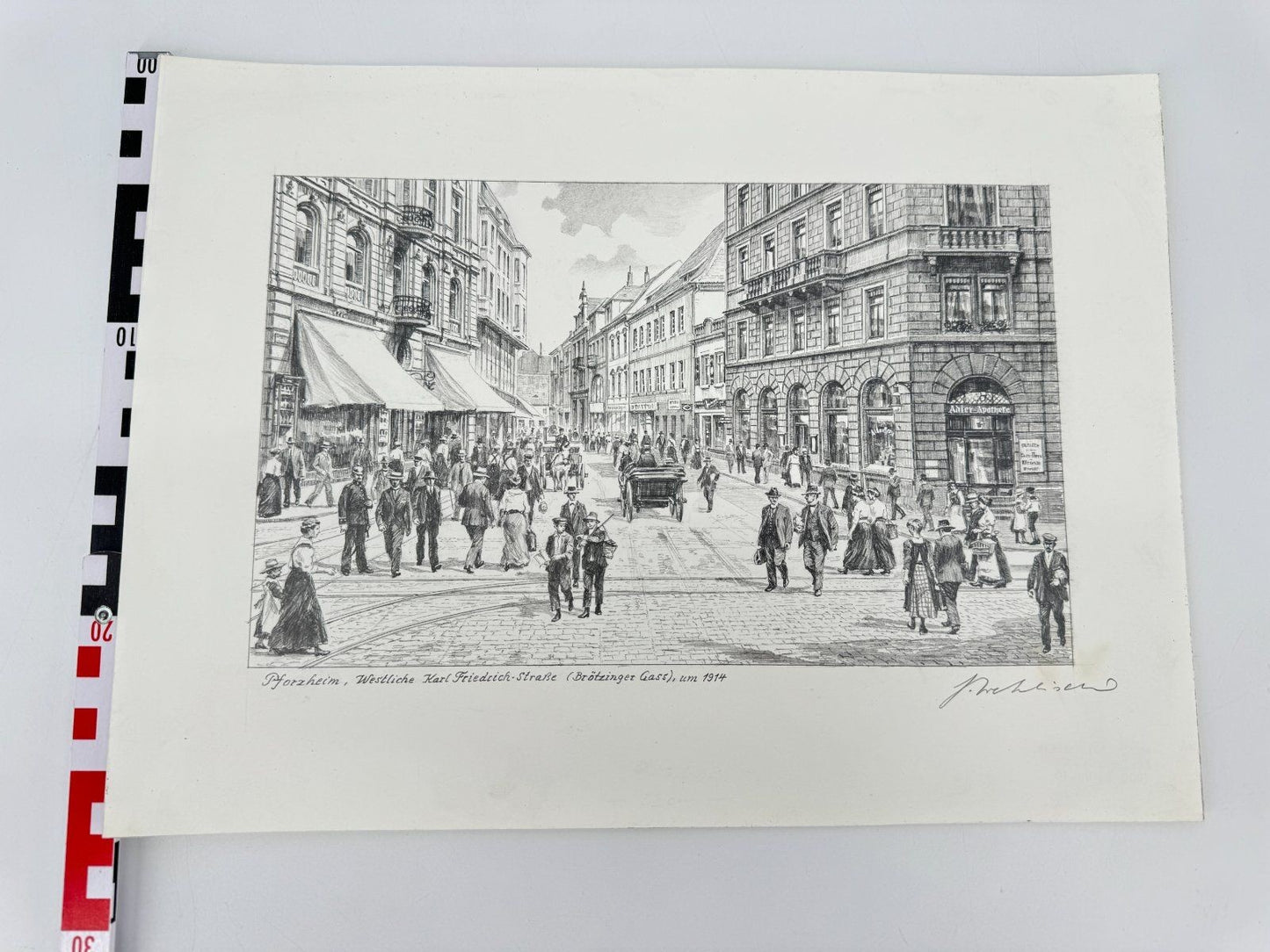 * HEINZ WEHLISCH ZEICHNUNG PFORZHEIM BRÖTZINGER GASS UM 1914 ANSICHT
