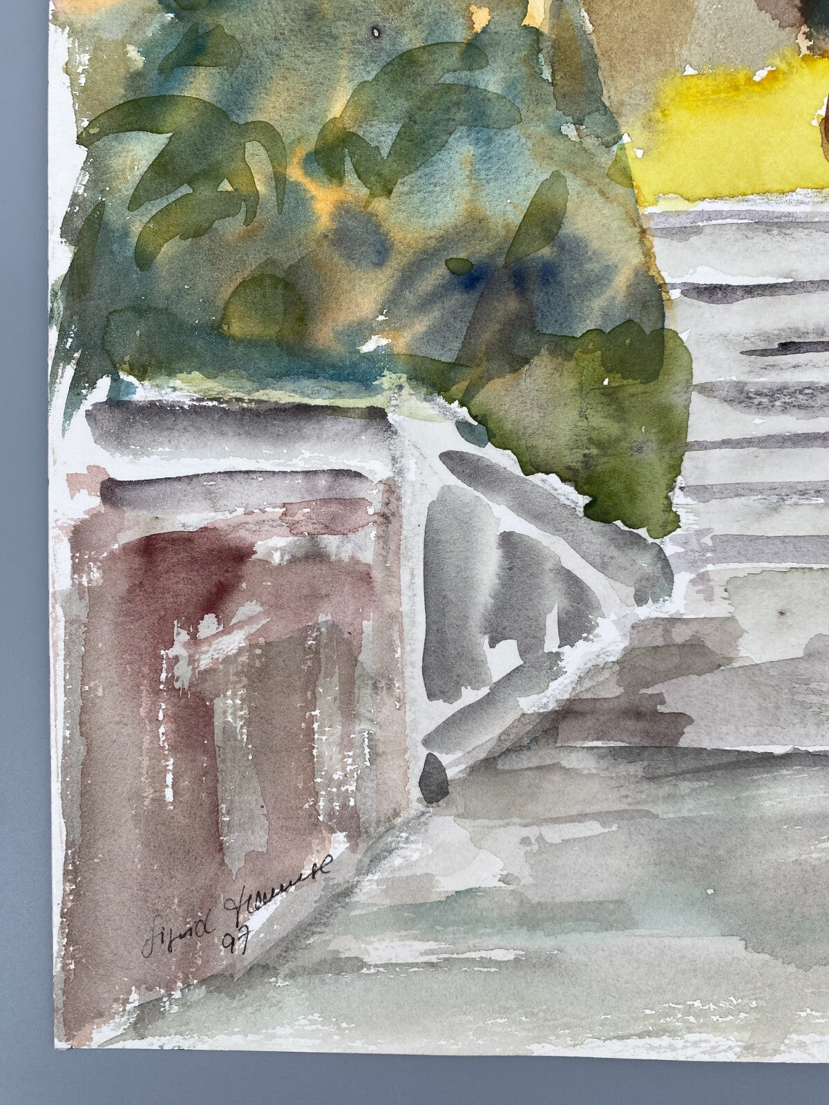 *AQUARELLGEMÄLDE LANDSCHAFT ITALIEN VILLA STEINTREPPE SIGRID HANNSE 1997 UNIKAT
