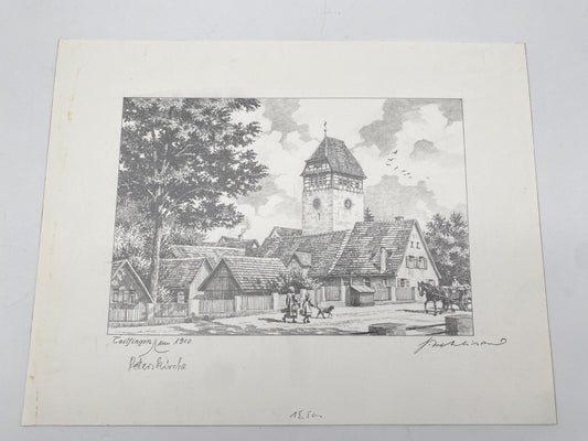 HEINZ WEHLISCH ZEICHNUNG TAILFINGEN PETERSKIRCHE UM 1910 SIGNIERT