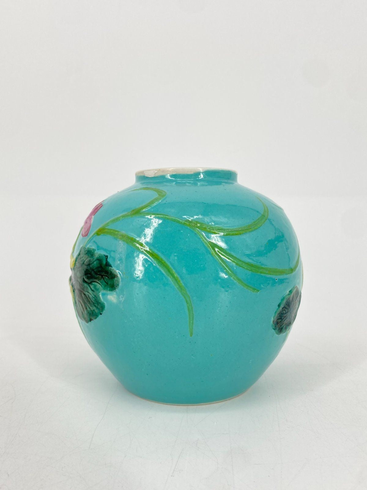 * CHINESISCHE KERAMIK VASE KRANICH SEEROSE RELIEF TÜRKIS VINTAGE