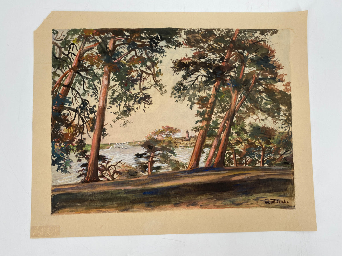 * AQUARELL OTTO ZIESKE 1902-1985 GRUNEWALDTURM HAVEL LANDSCHAFT KIEFERN UFER