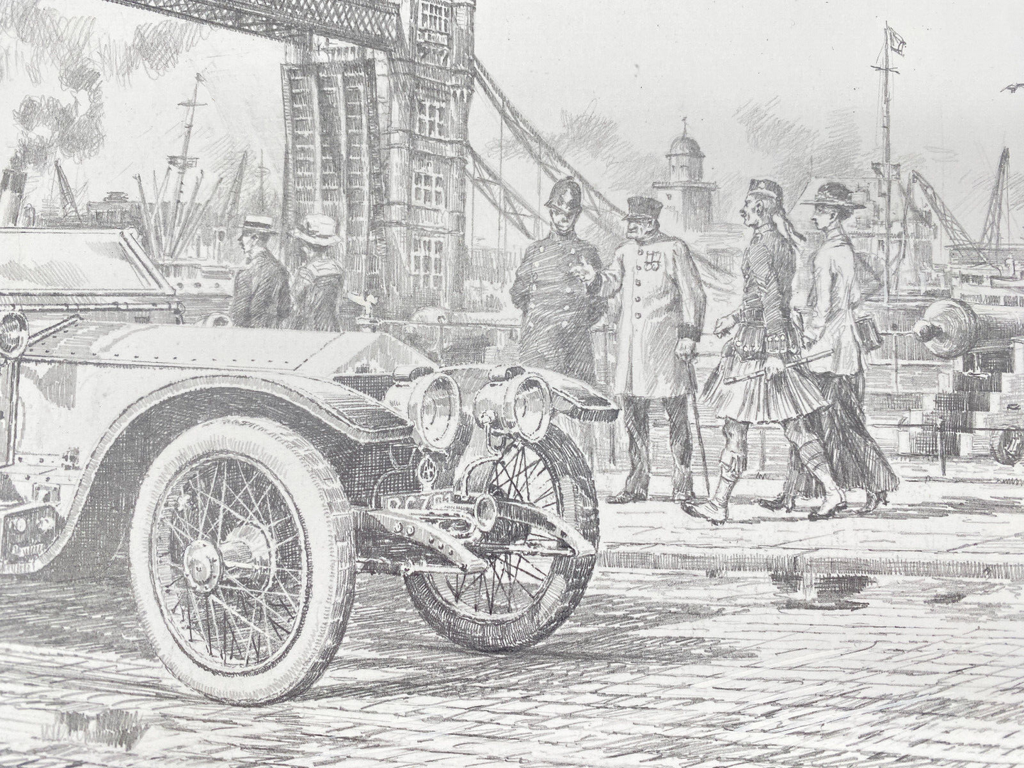 HEINZ WEHLISCH  ZEICHNUNG LONDON ROLLS ROYCE TOWER BRIDGE 1910 ORIGINAL
