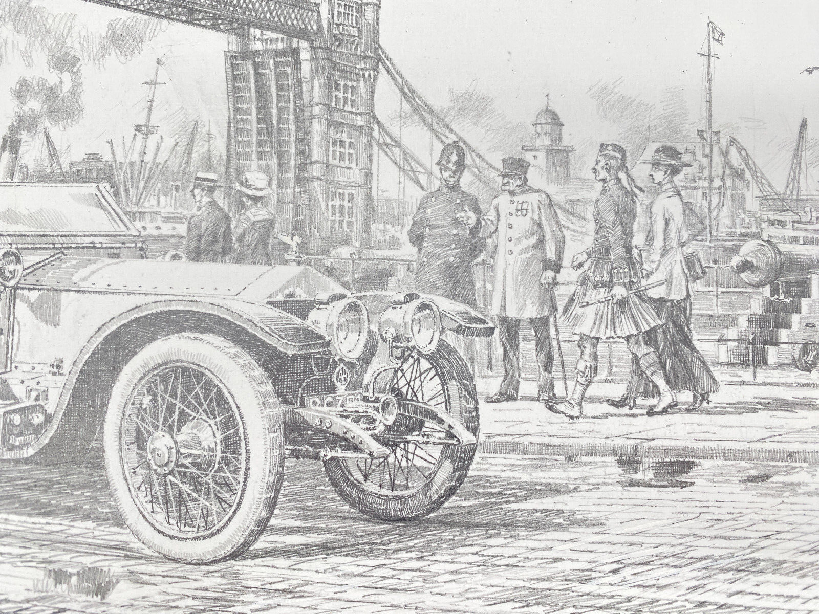 HEINZ WEHLISCH  ZEICHNUNG LONDON ROLLS ROYCE TOWER BRIDGE 1910 ORIGINAL