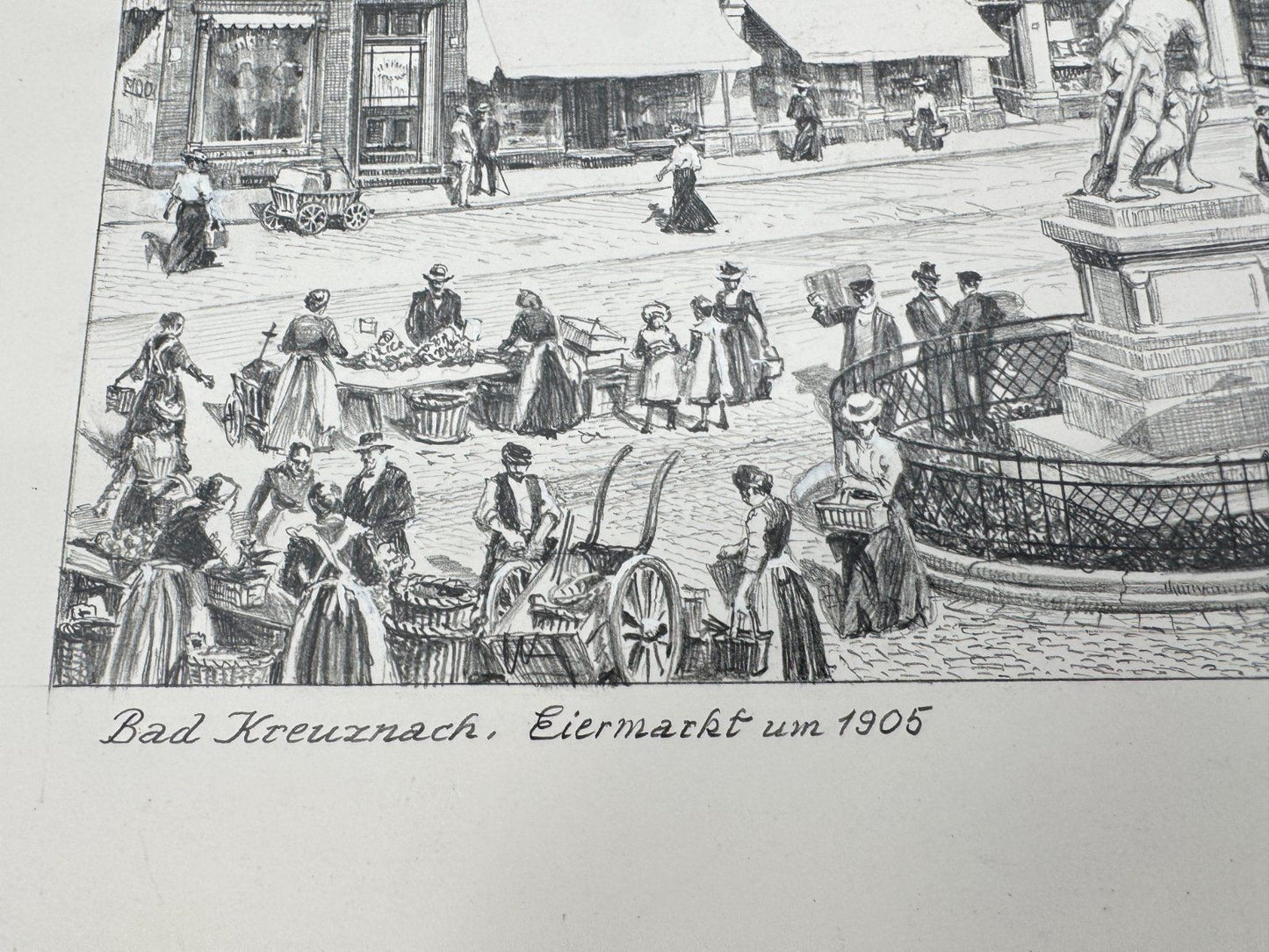* HEINZ WEHLISCH ZEICHNUNG BAD KREUZNACH EIERMARKT ANSICHT UM 190
