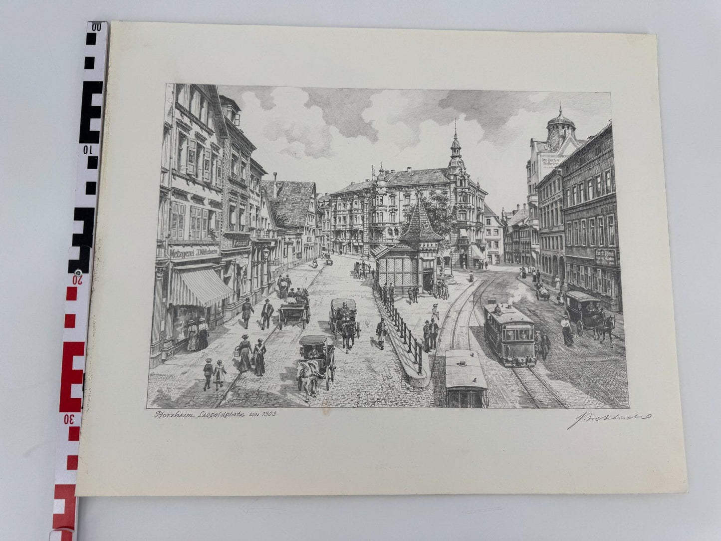 * HEINZ WEHLISCH ZEICHNUNG PFORZHEIM LEOPOLDPLATZ 1903 ANSICHT SIGNIERT