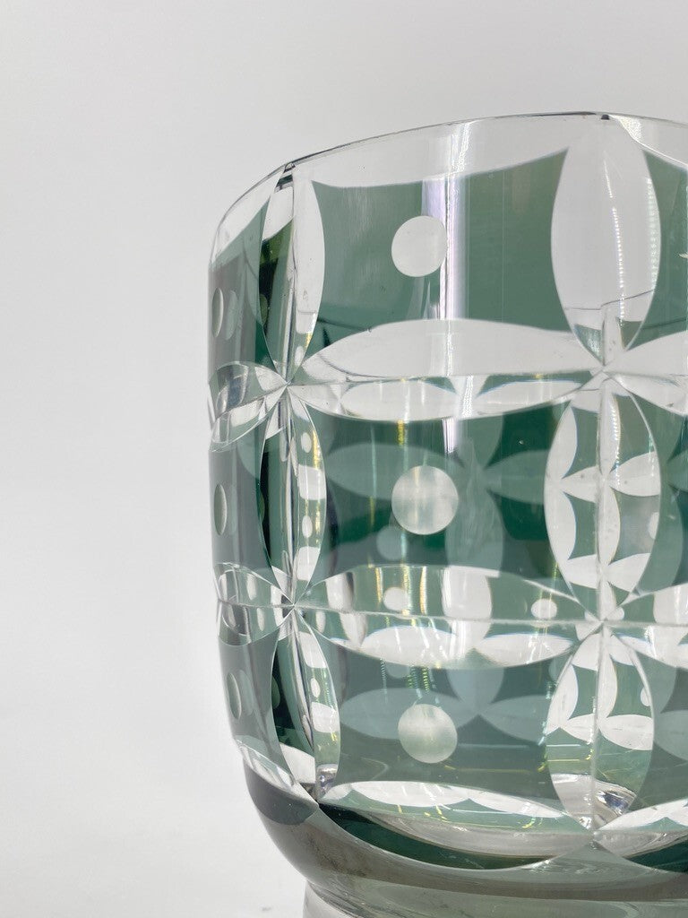 * VASE BÖHMISCHES GLAS ART DECO TOPF TÜRKIS BLAU GRÜN GESCHLIFFEN PUNKTE