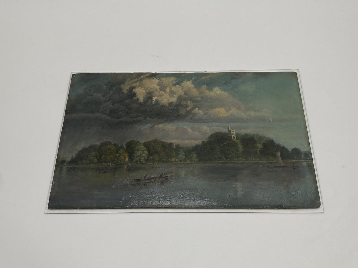 * ÖLGEMÄLDE BILD ÖL INSEL BOOT WETTER WOLKEN ANSICHT ANTIK 1909