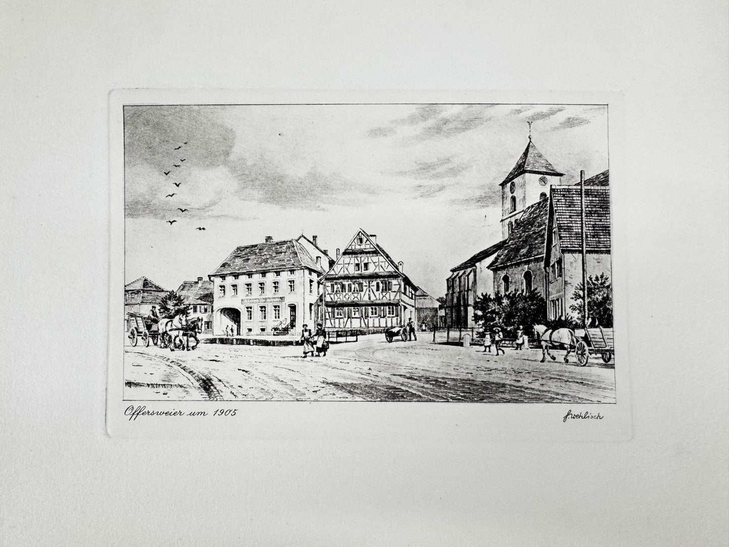 * HEINZ WEHLISCH ORIGINAL RADIERUNG OFFERSWEIER UM 1905 ANSICHT