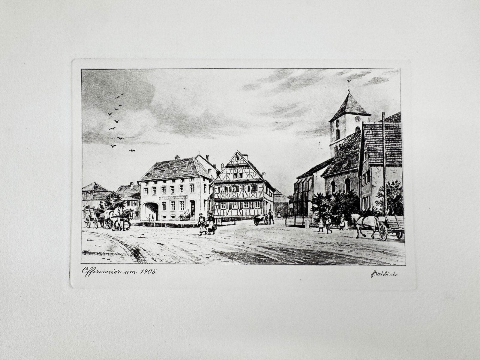 * HEINZ WEHLISCH ORIGINAL RADIERUNG OFFERSWEIER UM 1905 ANSICHT