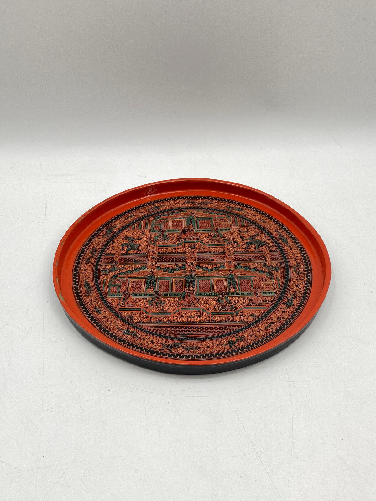 * TABLETT RUND BURMESISCH MYANMAR BAMBUS LACKARBEIT LAQUERWARE DEKOR ROT