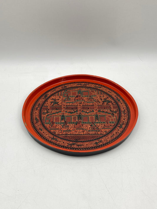 * TABLETT RUND BURMESISCH MYANMAR BAMBUS LACKARBEIT LAQUERWARE DEKOR ROT