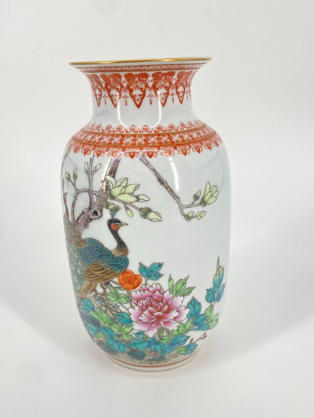 * VASE PORZELLAN CHINA GEDICHT PFAUEN VÖGEL BLUMEN VINTAGE