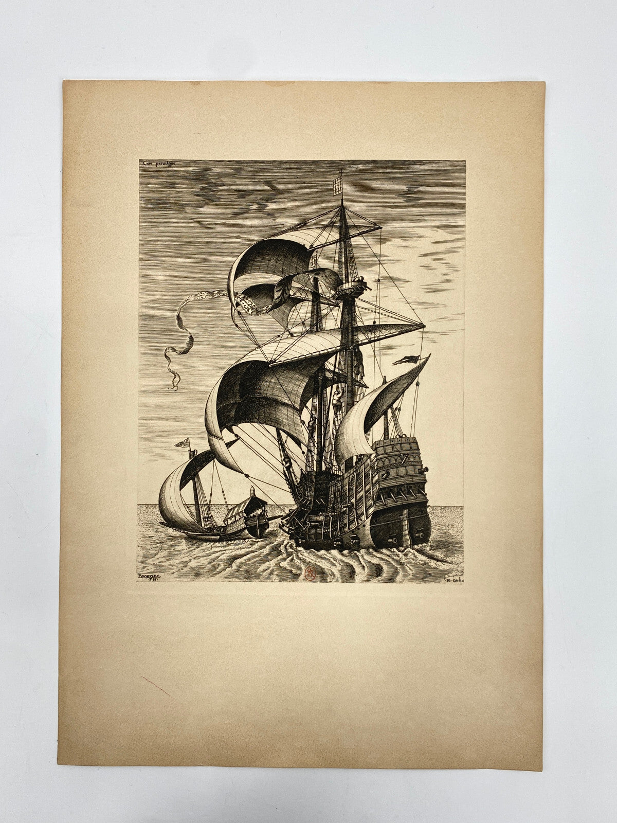 * SCHIFF KUNSTDRUCK PRINT LITHOGRAFIE PIERRE BRUEGEL KOGGE 1565 DRUCK 1965 PARIS