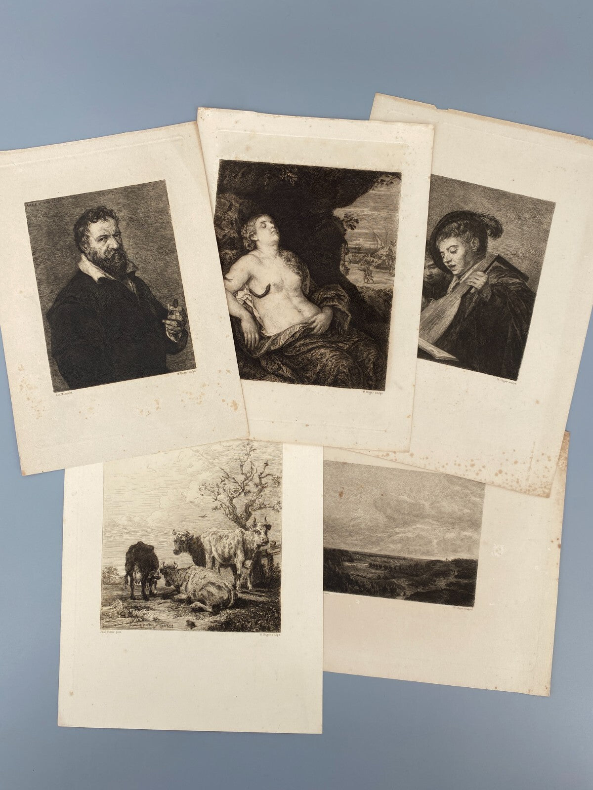 *5x RADIERUNG WILLIAM UNGER GEMÄLDEN TIZIANO HALS VERMEER DRUCK GRAFIK ANTIK