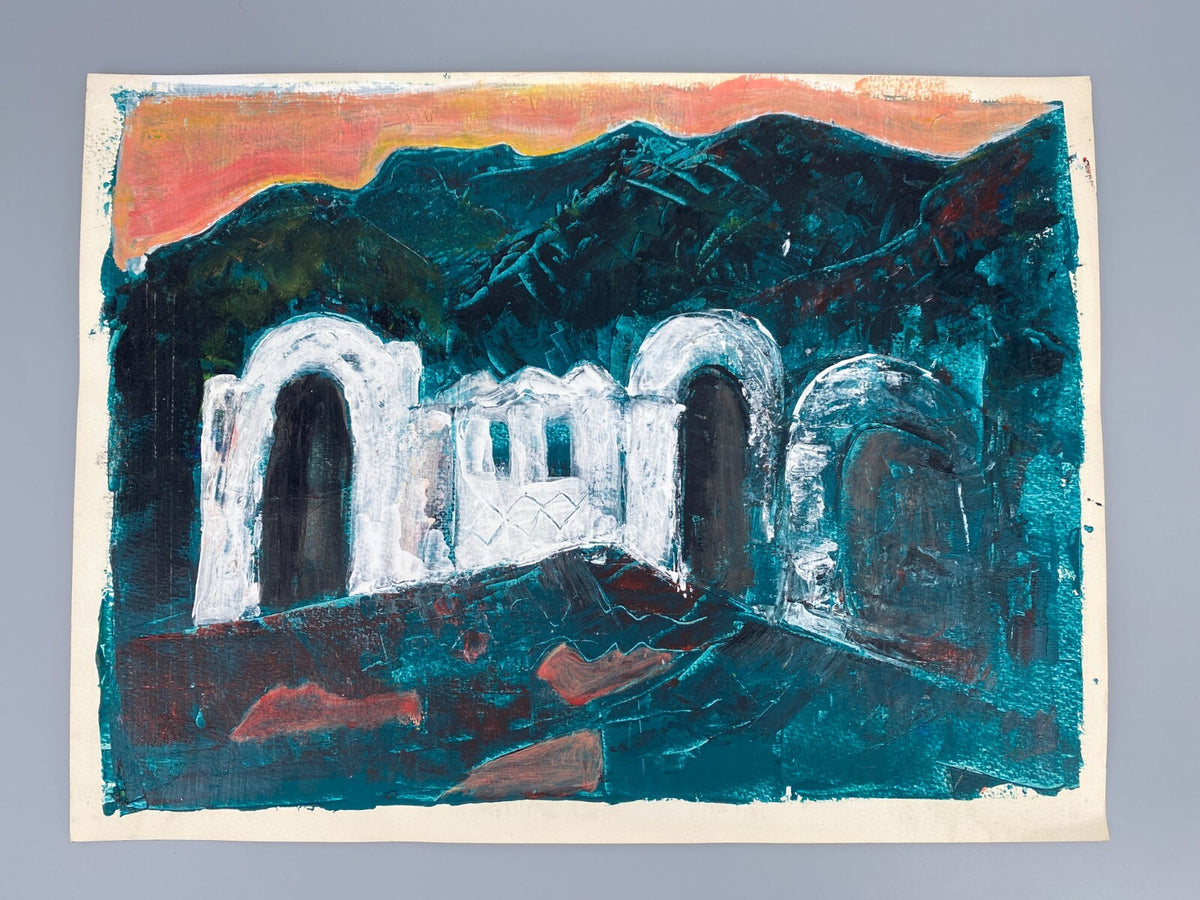 *GEMÄLDE ACRYL LANDSCHAFT NAHOST GEBÄUDE WEIß GRÜN SIGRID HANNSE UNIKAT 90ER
