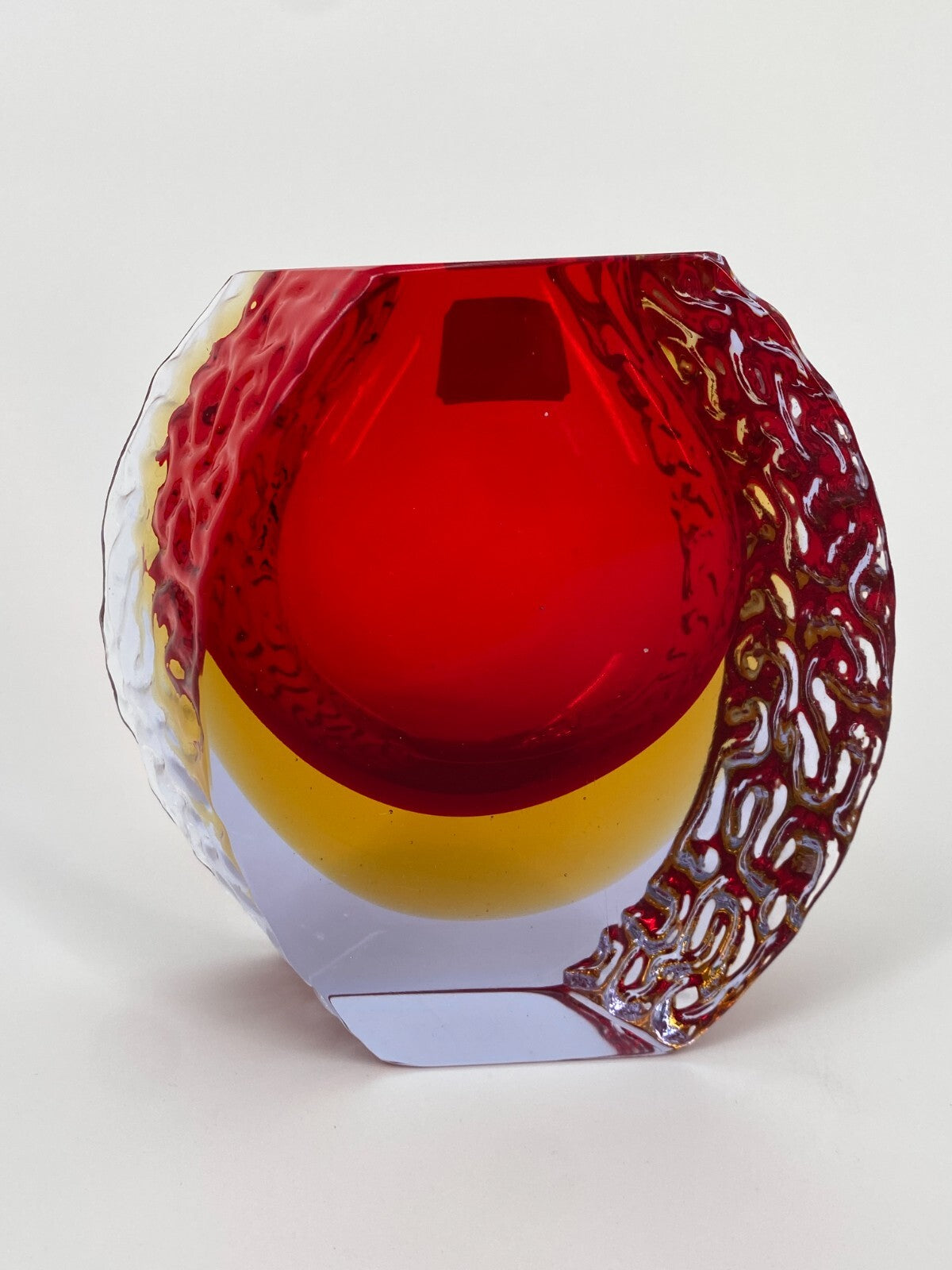 * MID CENTURY DESIGN MURANO GLAS VASE ROT GELB BLEIKRISTALL MANDRUZZATO 13CM