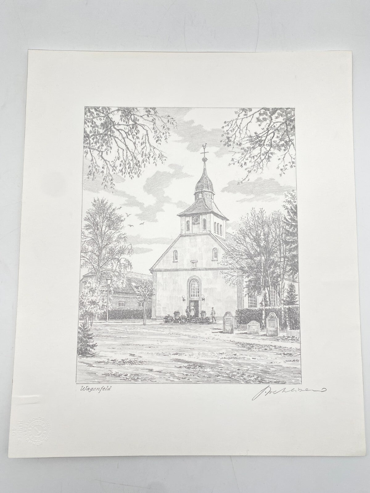 HEINZ WEHLISCH ZEICHNUNG WAGENFELD KIRCHE HANDSIGNIERT