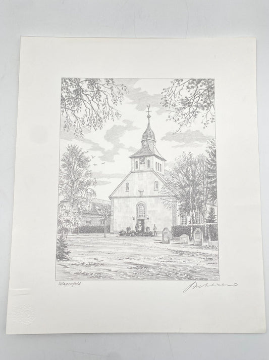 HEINZ WEHLISCH ZEICHNUNG WAGENFELD KIRCHE HANDSIGNIERT