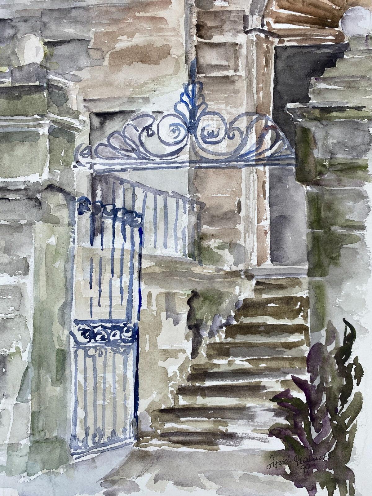 *AQUARELLGEMÄLDE GEBÄUDEANSICHT ITALIEN PORTAL EISENTOR SIGRID HANNSE 997 UNIKAT