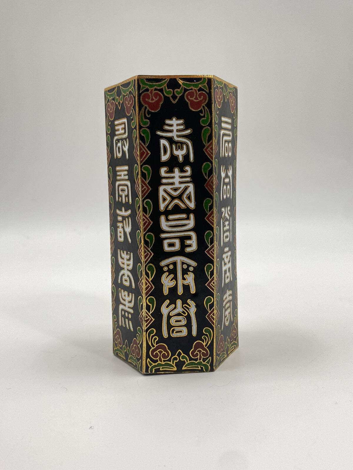 * CHINESISCHE VASE CLOISONNE EMAILLE CHINA ACHTECKIG HEXAGON SCHWARZ BLUME