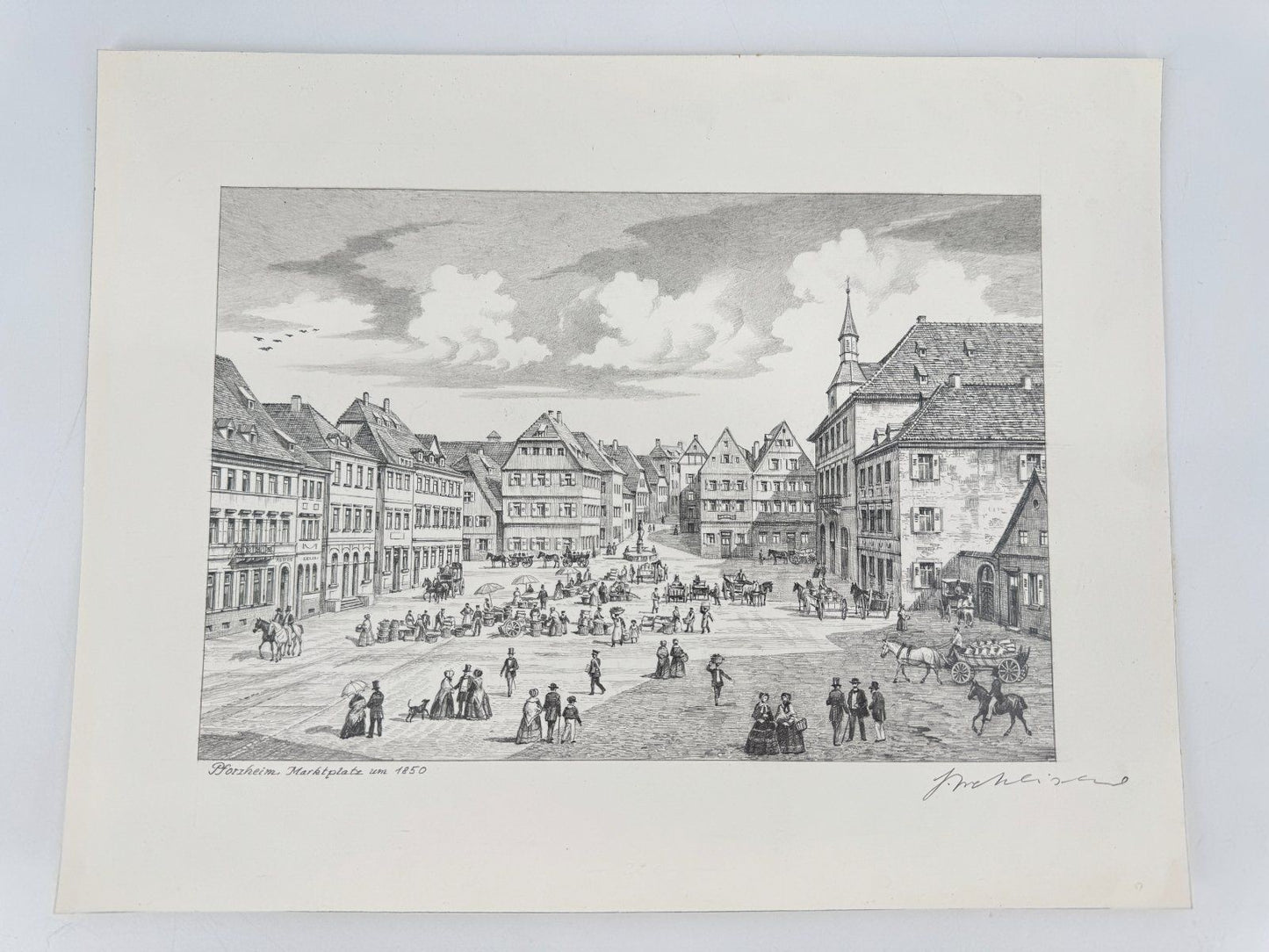 * HEINZ WEHLISCH ZEICHNUNG PFORZHEIM MARKTPLATZ 1850 ANSICHT SIGNIERT