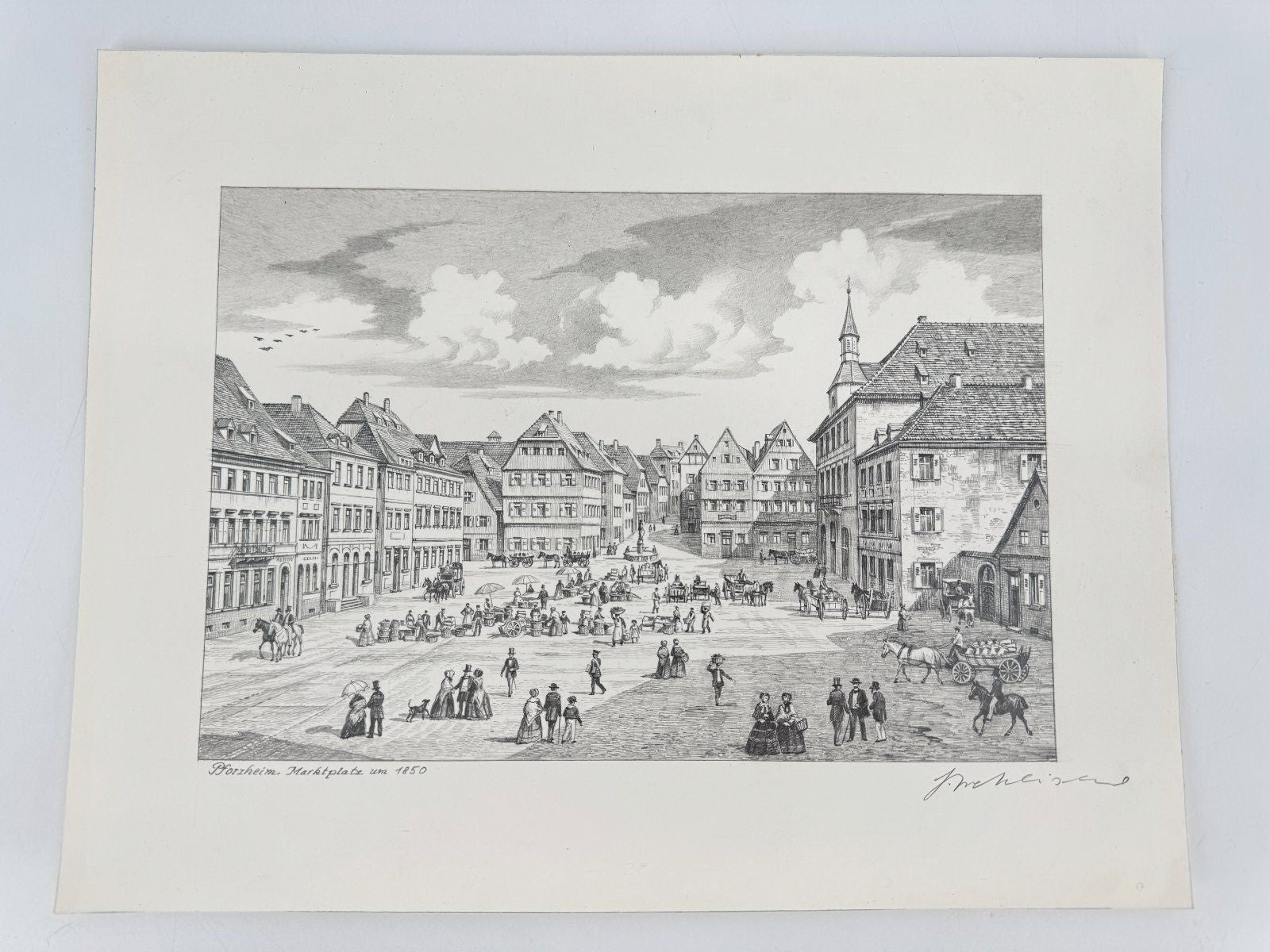 * HEINZ WEHLISCH ZEICHNUNG PFORZHEIM MARKTPLATZ 1850 ANSICHT SIGNIERT