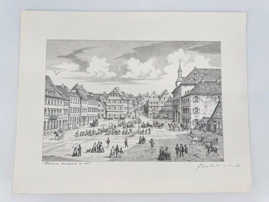* HEINZ WEHLISCH ZEICHNUNG PFORZHEIM MARKTPLATZ 1850 ANSICHT SIGNIERT