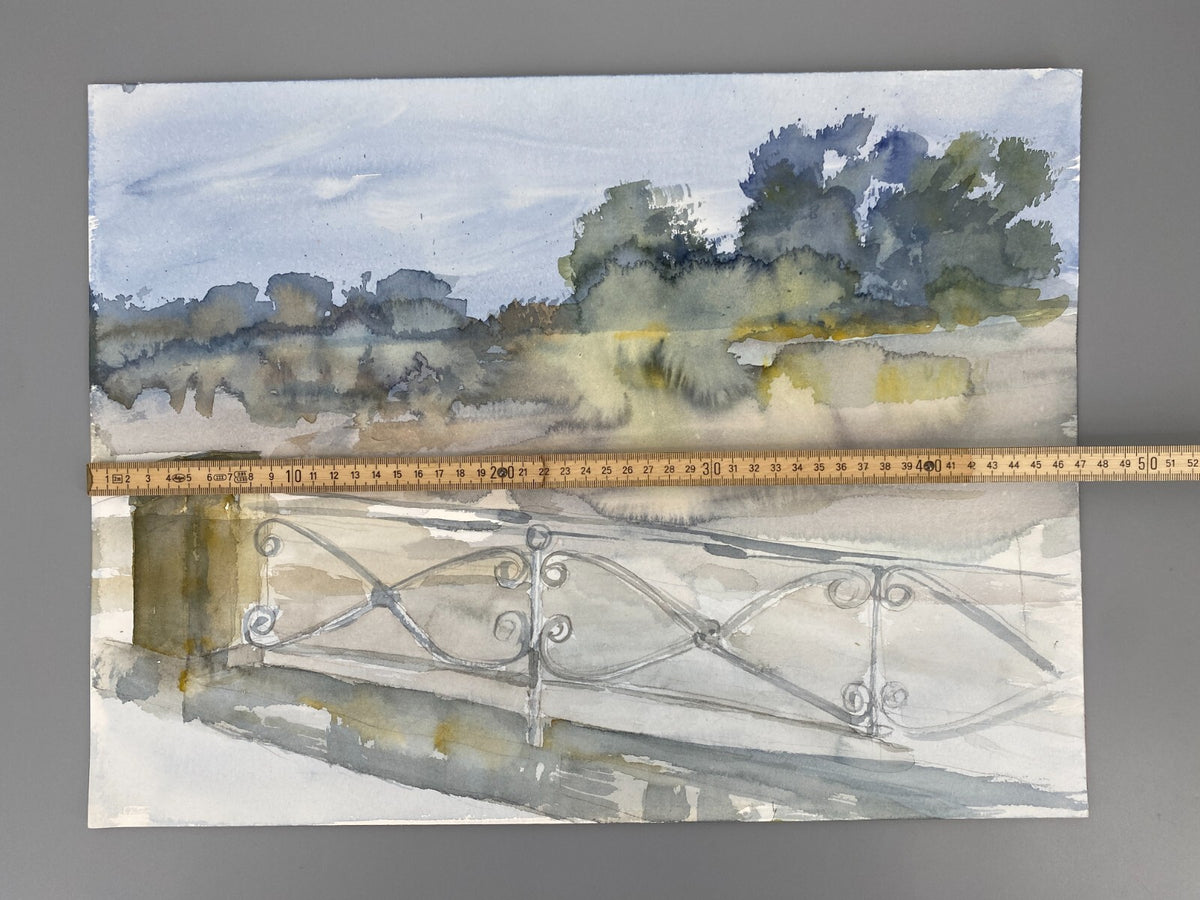 *AQUARELLGEMÄLDE LANDSCHAFT MIT BRÜCKENGELÄNDER FLUSS SIGRID HANNSE UNIKAT 90ER