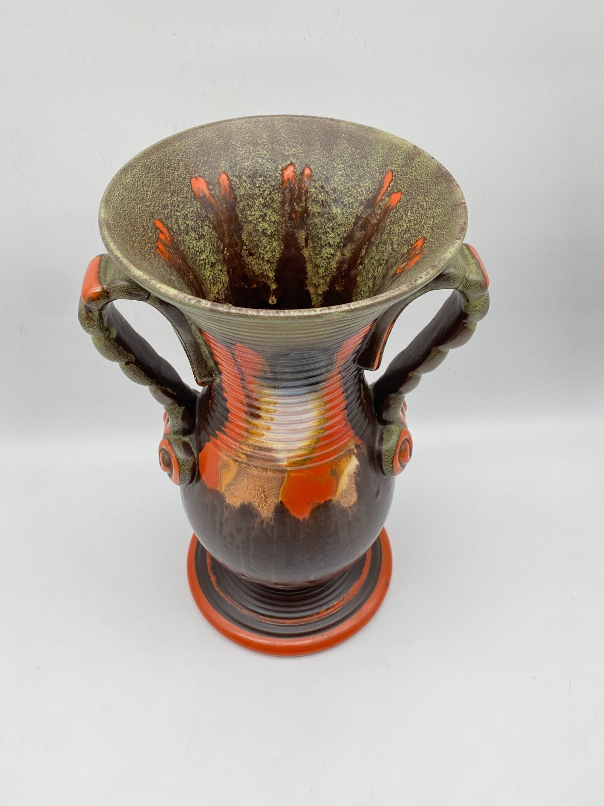 CARSTENS GRÄFENRODA ART DECO VASE HENKEL AMPHORENVASE LAUFGLASUR FAT LAVA GERMAN