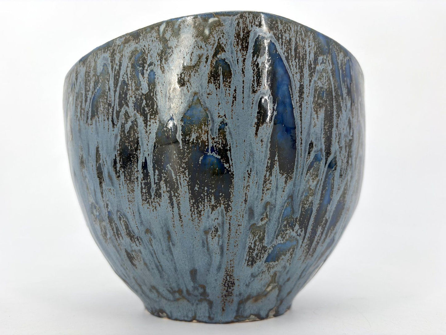 ENSEMBLE TRIO STUDIOKERAMIK VASE KUGEL BLAU IRISIEREND GLASUR 90s