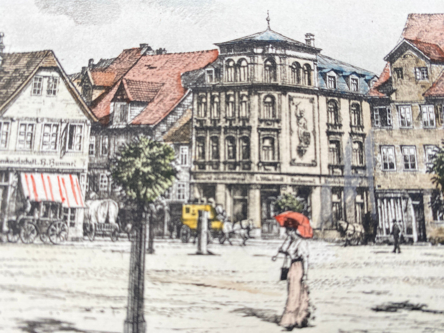 HEINZ WEHLISCH DEUTSCHER KÜNSTLER RADIERUNG COLORIERT PEINE MARKTPLATZ UM 1900