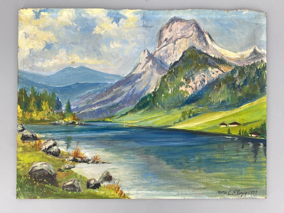 *ÖLGEMÄLDE BERGLANDSCHAFT SEE 1949 SIGNIERT FARBFROH PAPPE