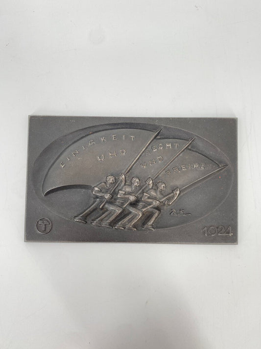 * PLAKETTE MEDAILLE EISEN GUSS 1924 A FEUERLE EINIGKEIT RECHT UND FREIHEIT