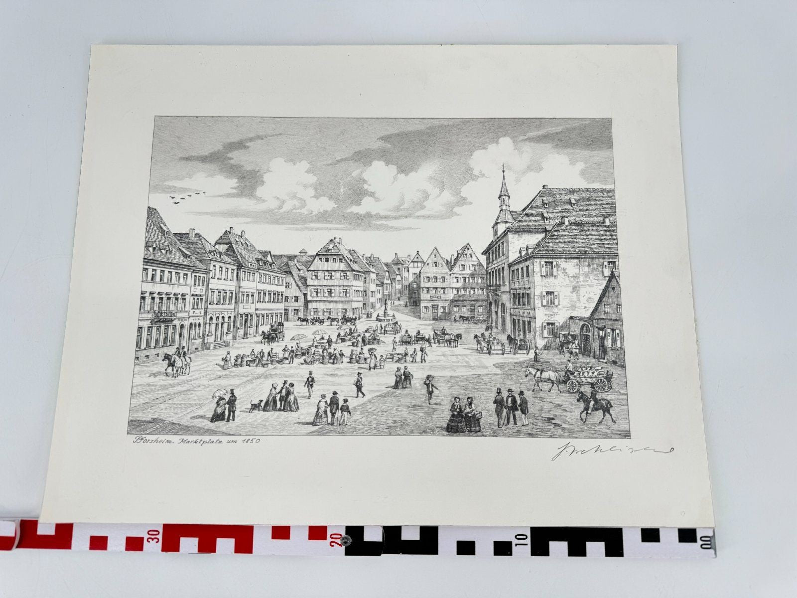 * HEINZ WEHLISCH ZEICHNUNG PFORZHEIM MARKTPLATZ 1850 ANSICHT SIGNIERT