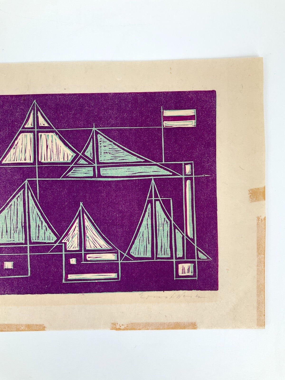 *LINOLSCHNITT ERNST WEITZ KLEINER YACHTHAFEN 50/60ER SIGNIERT ZWEIFARBIG ORIGINA