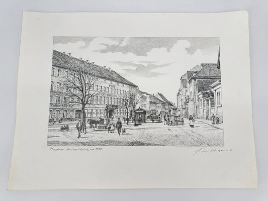 * HEINZ WEHLISCH ZEICHNUNG PFORZHEIM AM LEOPOLDPLATZ UM 1890 ANSICHT