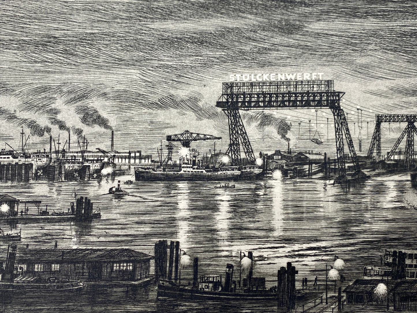 * RADIERUNG HAMBURG HAFEN BEI NACHT STÜLCKENWERFT HEINZ WEHLISCH um 1960