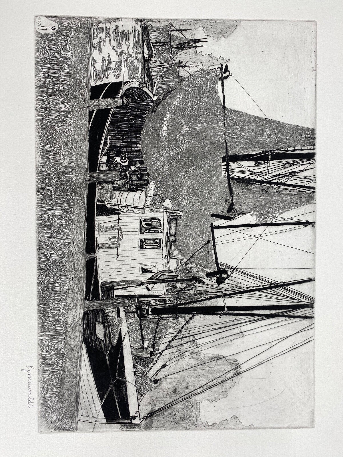 * HERBERT GRUNWALDT 1968 RADIERUNG ORIGINAL KRABBEN FISCHERBOOTE HAFEN SIGNIERT