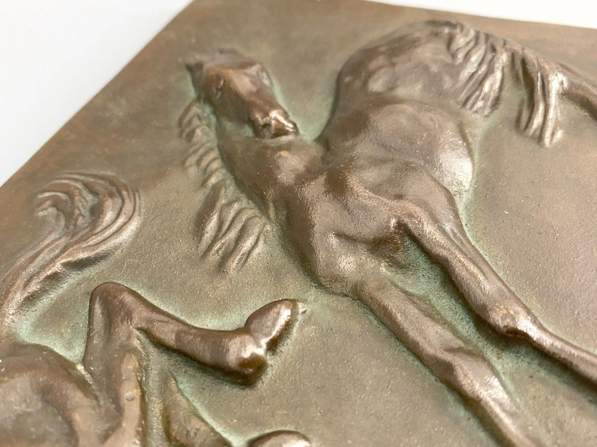 * WANDBILD RELIEF 2 PFERDE BRONZE MESSING 60er WANDPLAKETTE