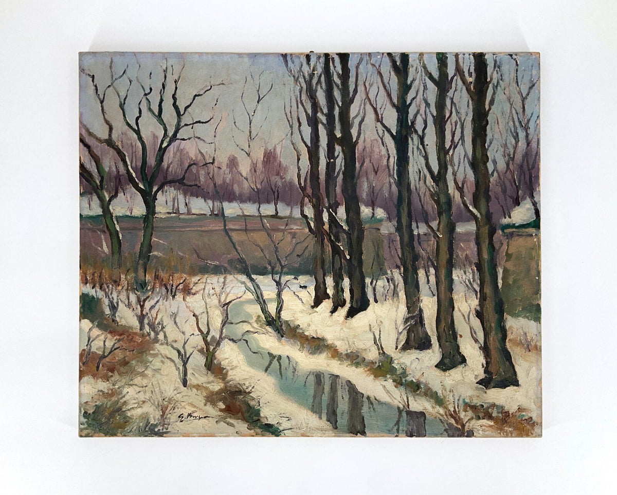 *ÖLGEMÄLDE G. BERGER WALDANSICHT BACH WINTER 20. JH LEINWAND